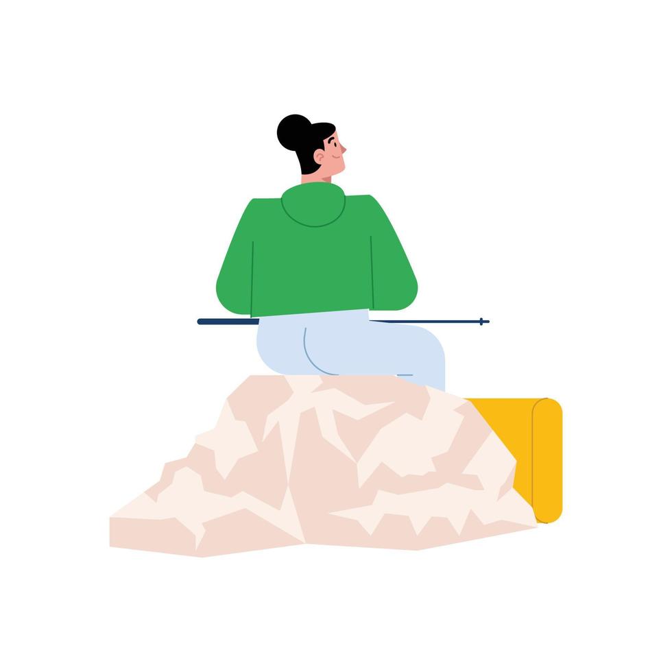 Woman with backpack sitting of mountain and looking view vector