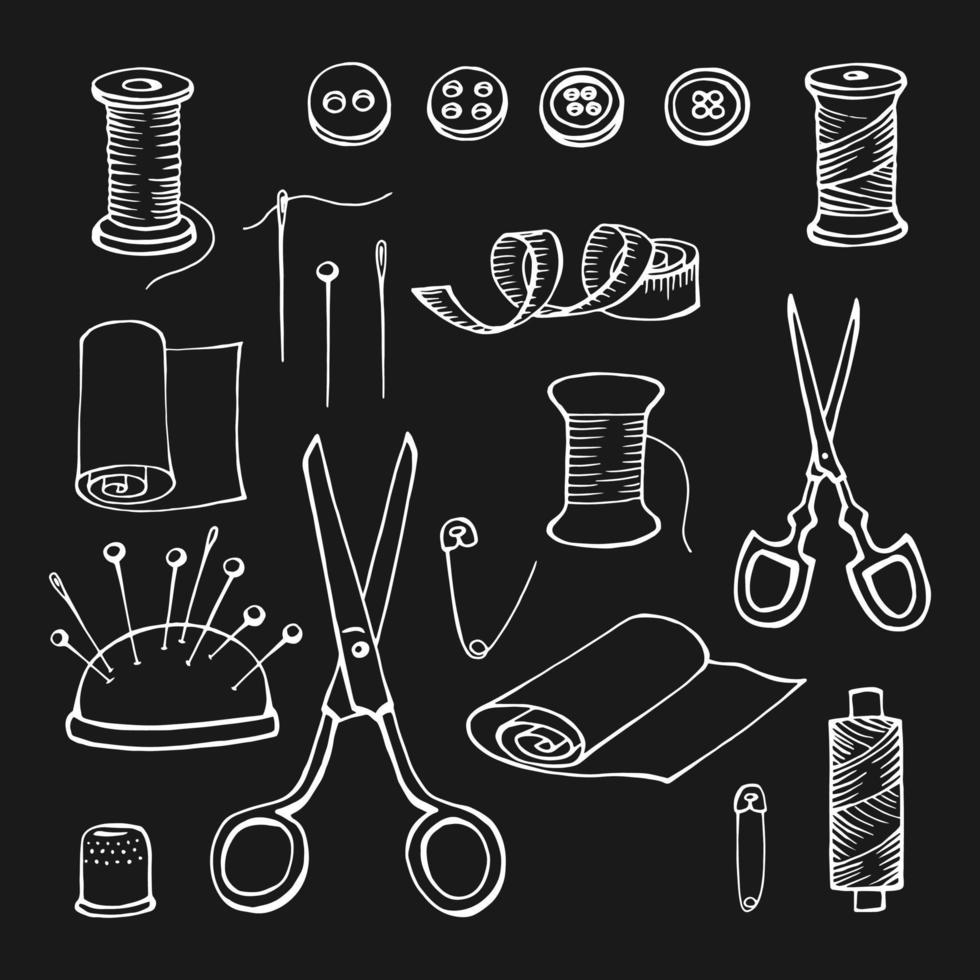 Hand drawn sewing tools. Thread, needle, pins, scissors, buttons. Vector illustration