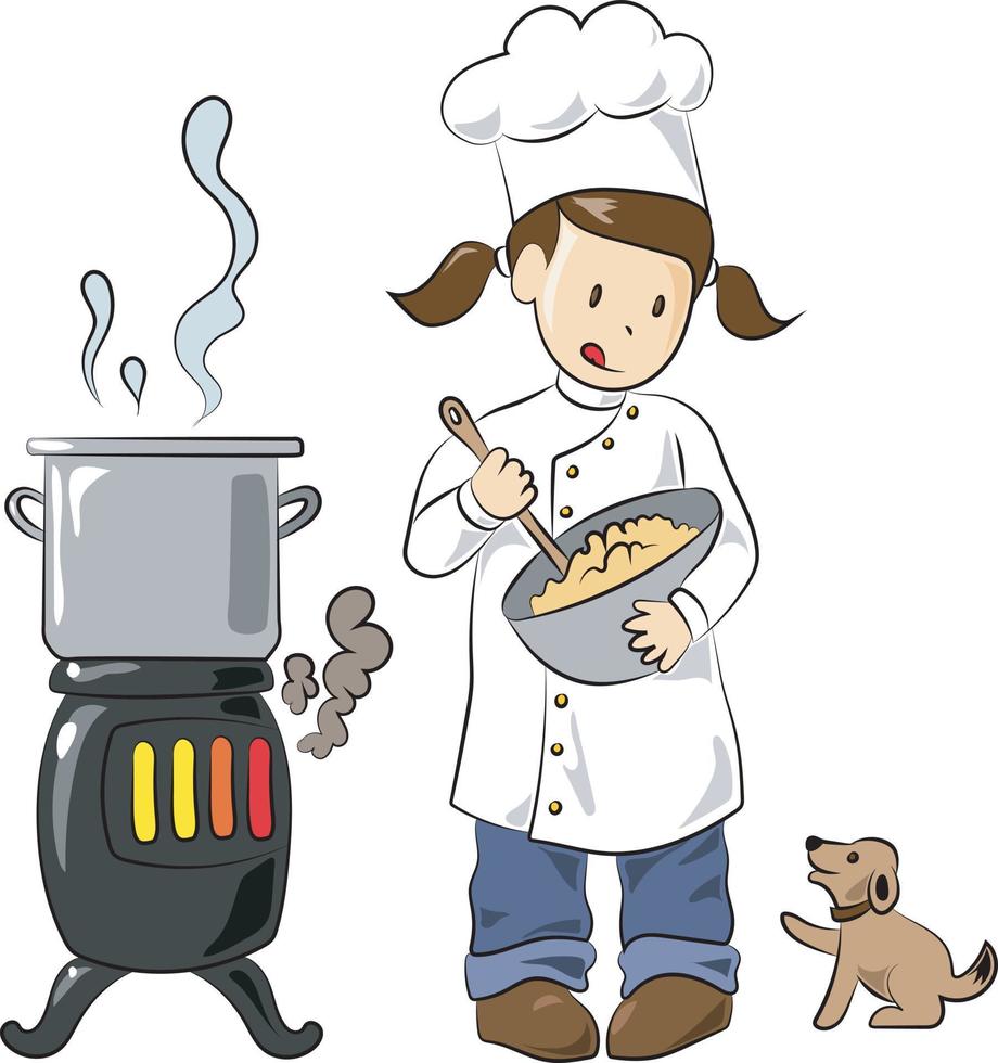 chica chef cocinando con uniforme y estufa vector