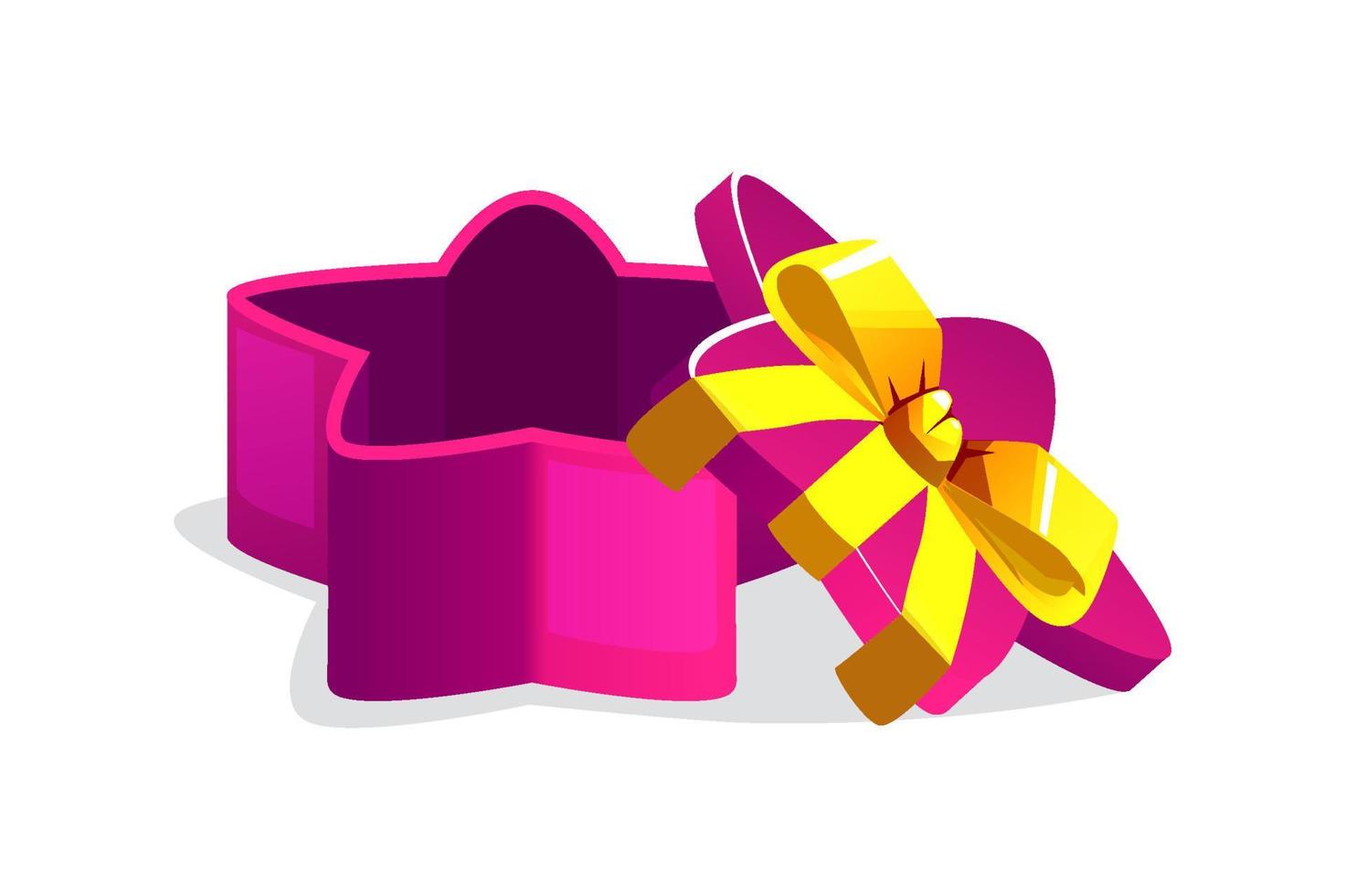 Open purple star shaped gift box for games. Vector illustration empty box with bow isolated.