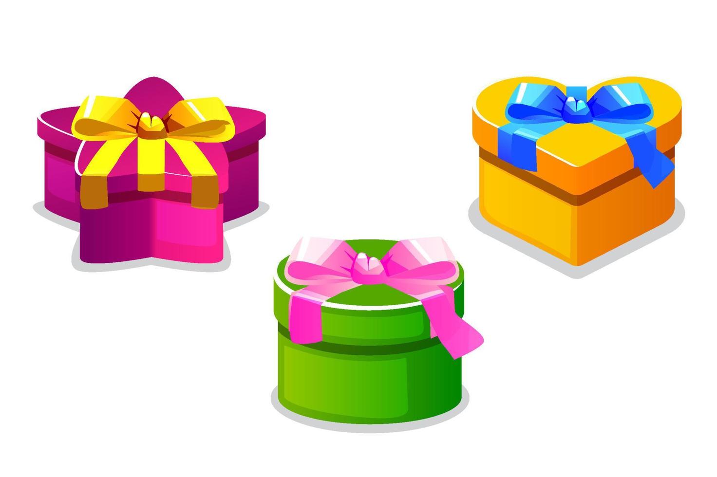 Gifts boxes closed different shapes and colors isolated for the game. Vector illustration set bright gifts heart, star and circle shapes with bow.