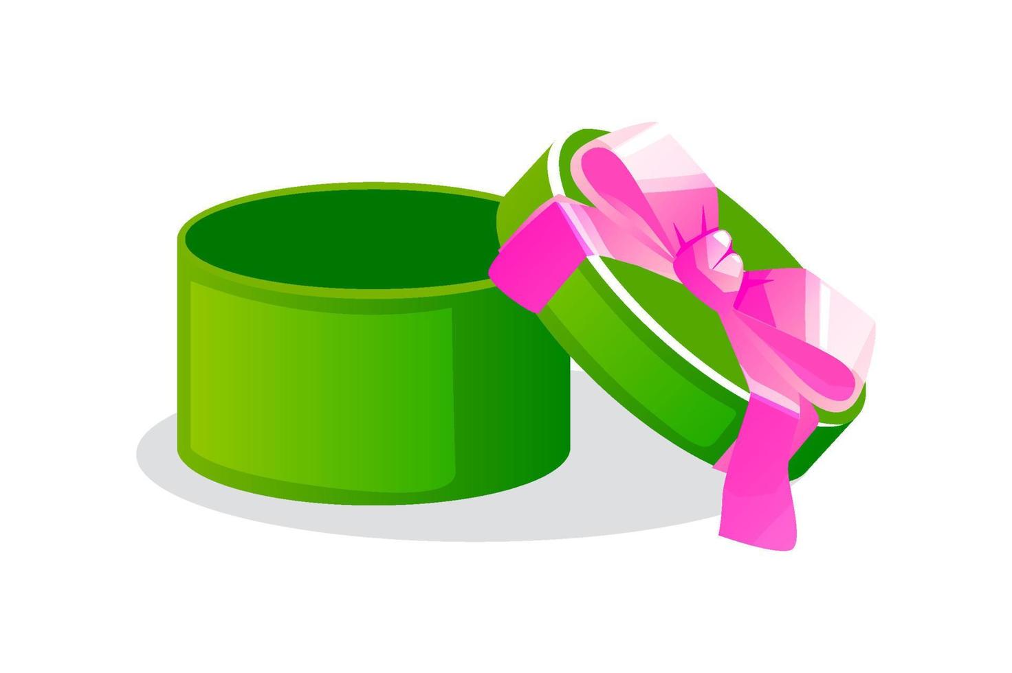 Round open green gift box with bow for games. Vector illustration empty box graphic element.