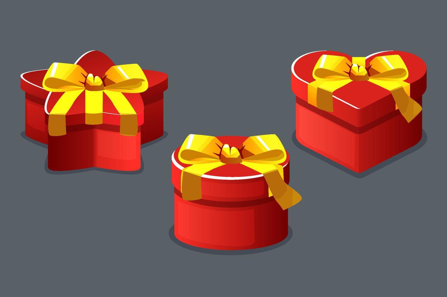 Red boxes gifts closed different shapes isolated for the game. Vector illustration set gifts with heart, star and circle shapes with bow.