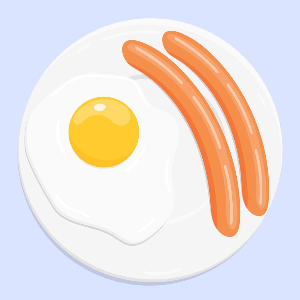 Cartoon fried egg and sausages on plate. Breakfast vector illustration