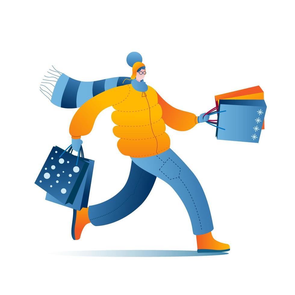 A character in warm winter clothes comes with bags from the Mall. vector