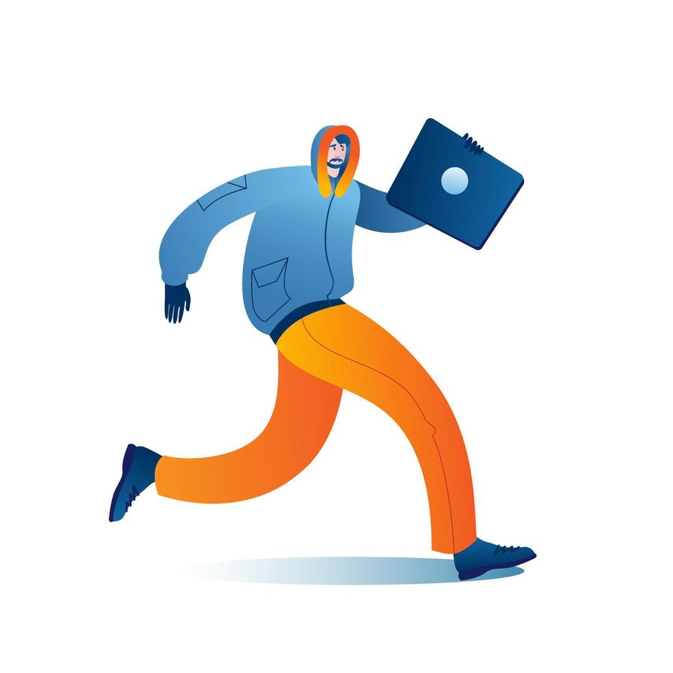 A man in warm winter clothes is walking with laptop. vector