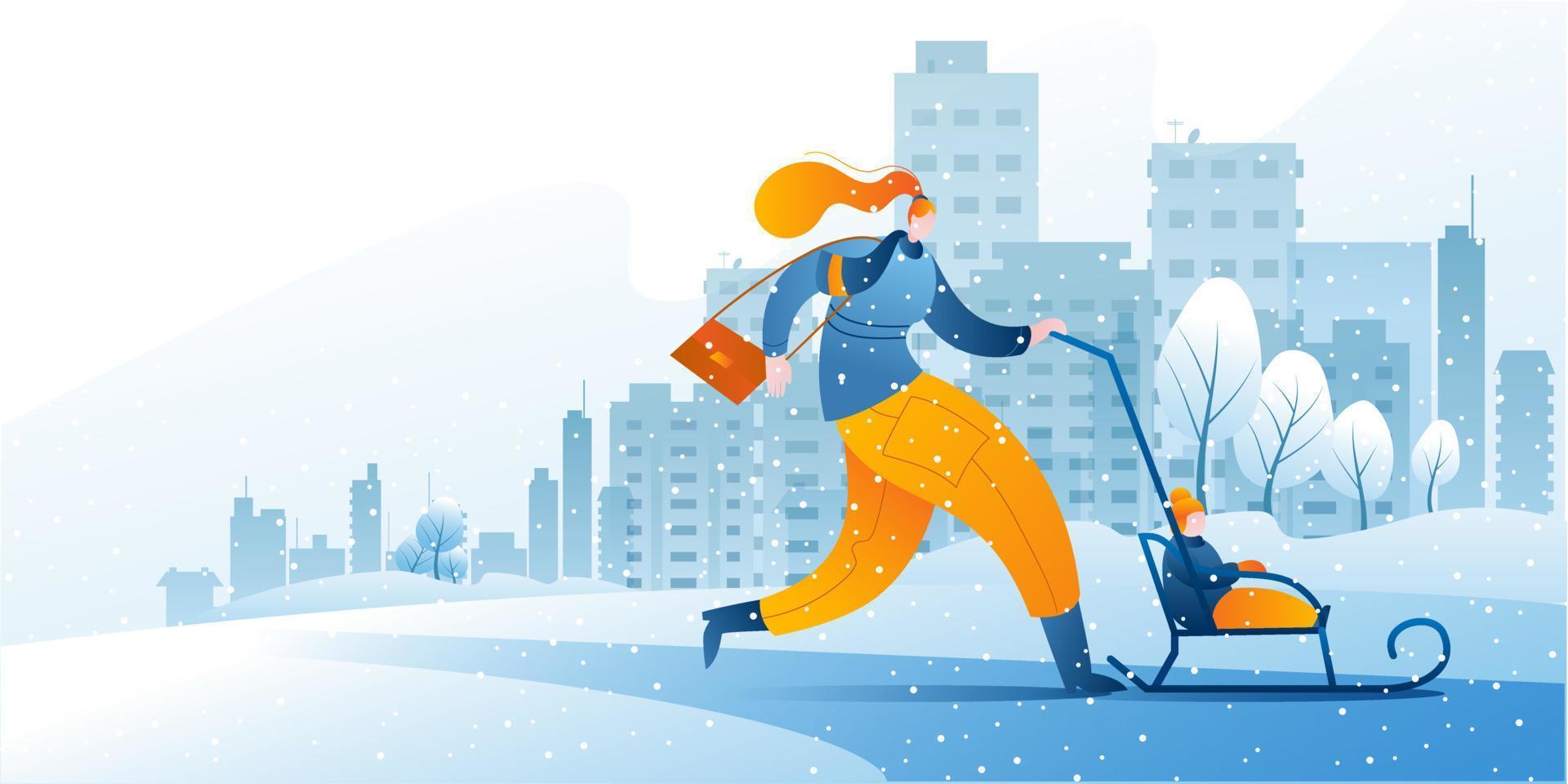 A woman in warm clothes with a sled and a small child is walking. vector