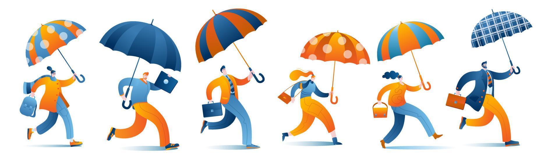 Characters with umbrellas and bags are having fun. vector