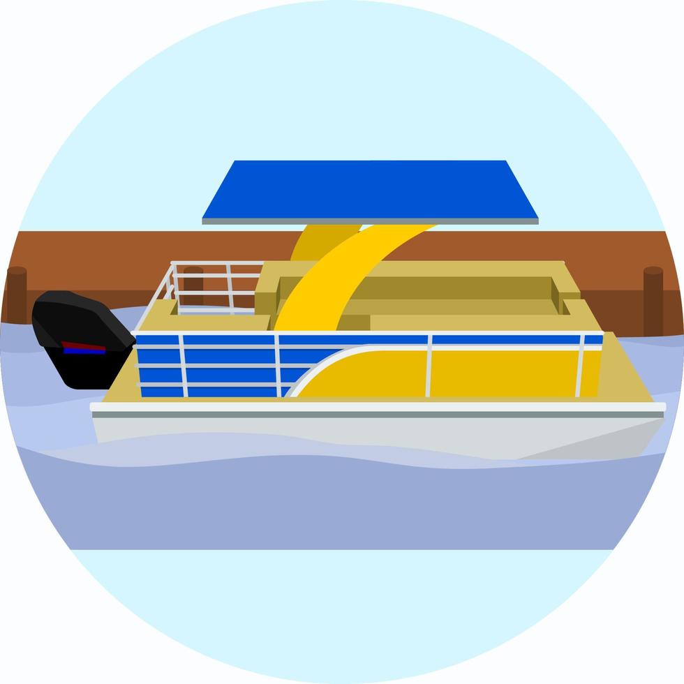 Editable Three-Quarter Top Side View Pontoon Boat at The Bank of a River Vector Illustration in Circle Frame for Transportation or Recreation Related Design