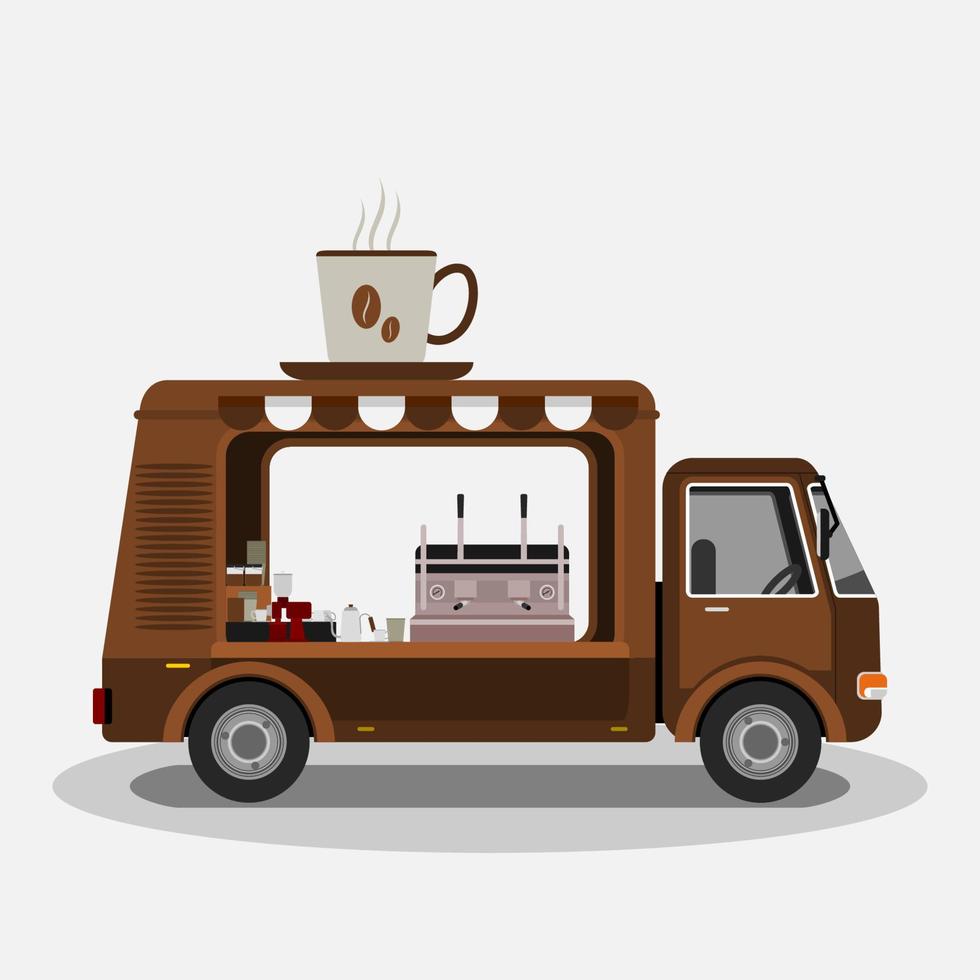 Editable Isolated Side View Mobile Coffee Van Vector Illustration With Espresso Machine and Brewing Equipment for Cafe Related Concept