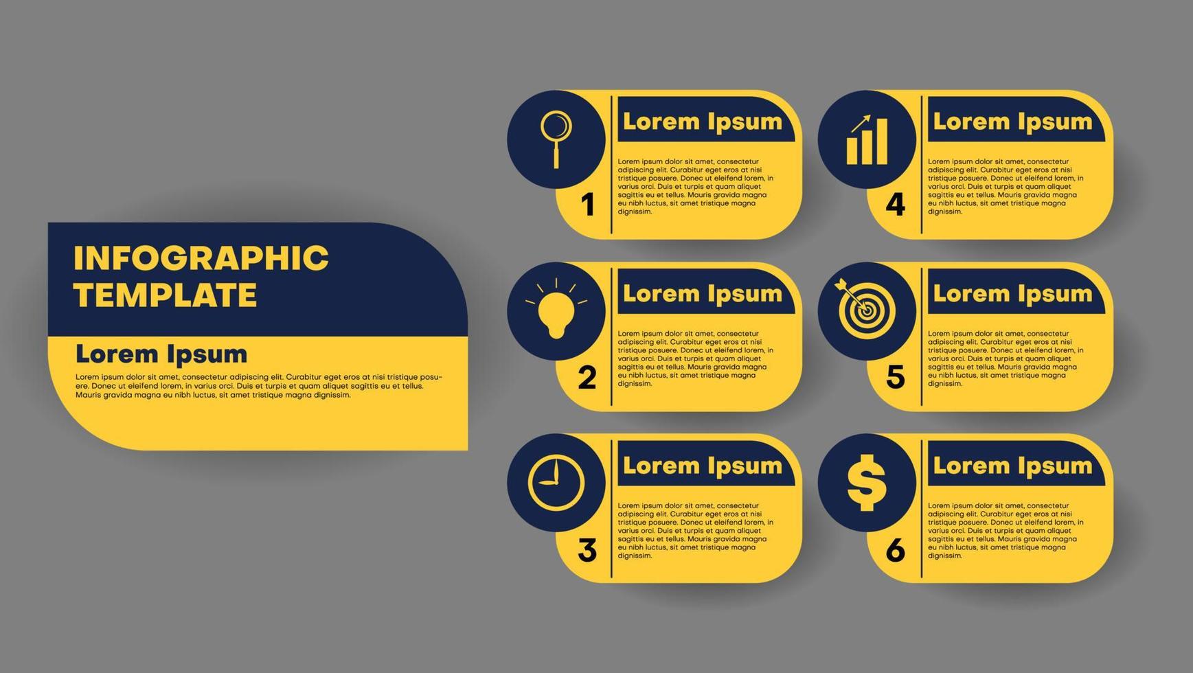 flat infographic template design in dark blue and yellow color. Abstract elements of graph, diagram with steps, options, parts or processes. vector