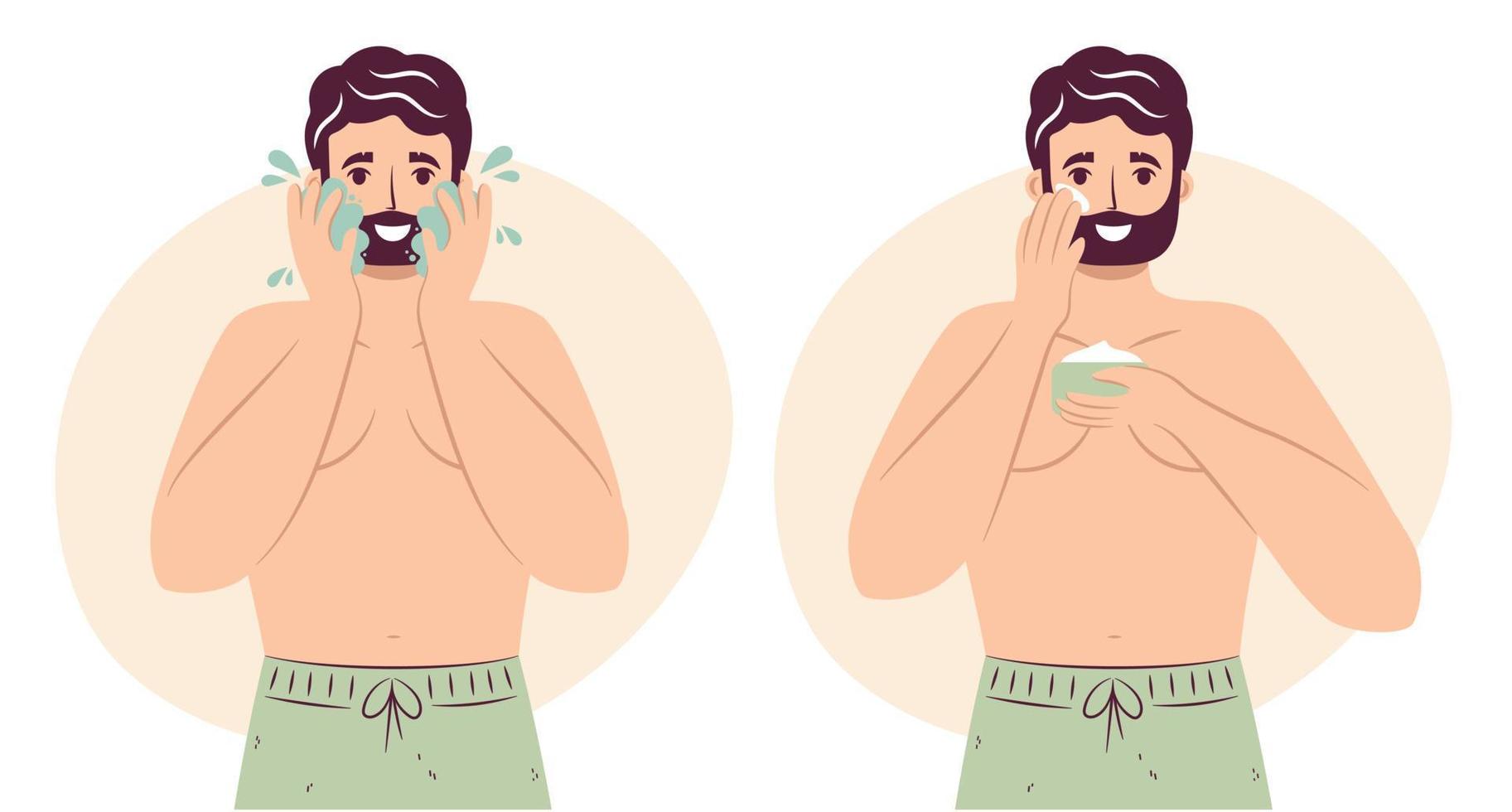 Skincare routine concept. Happy young man washes face with cleanser and soap and applying face moisturizing cream or lotion on cheek,, handsome bearded male enjoying skincare procedure. Men hygiene vector