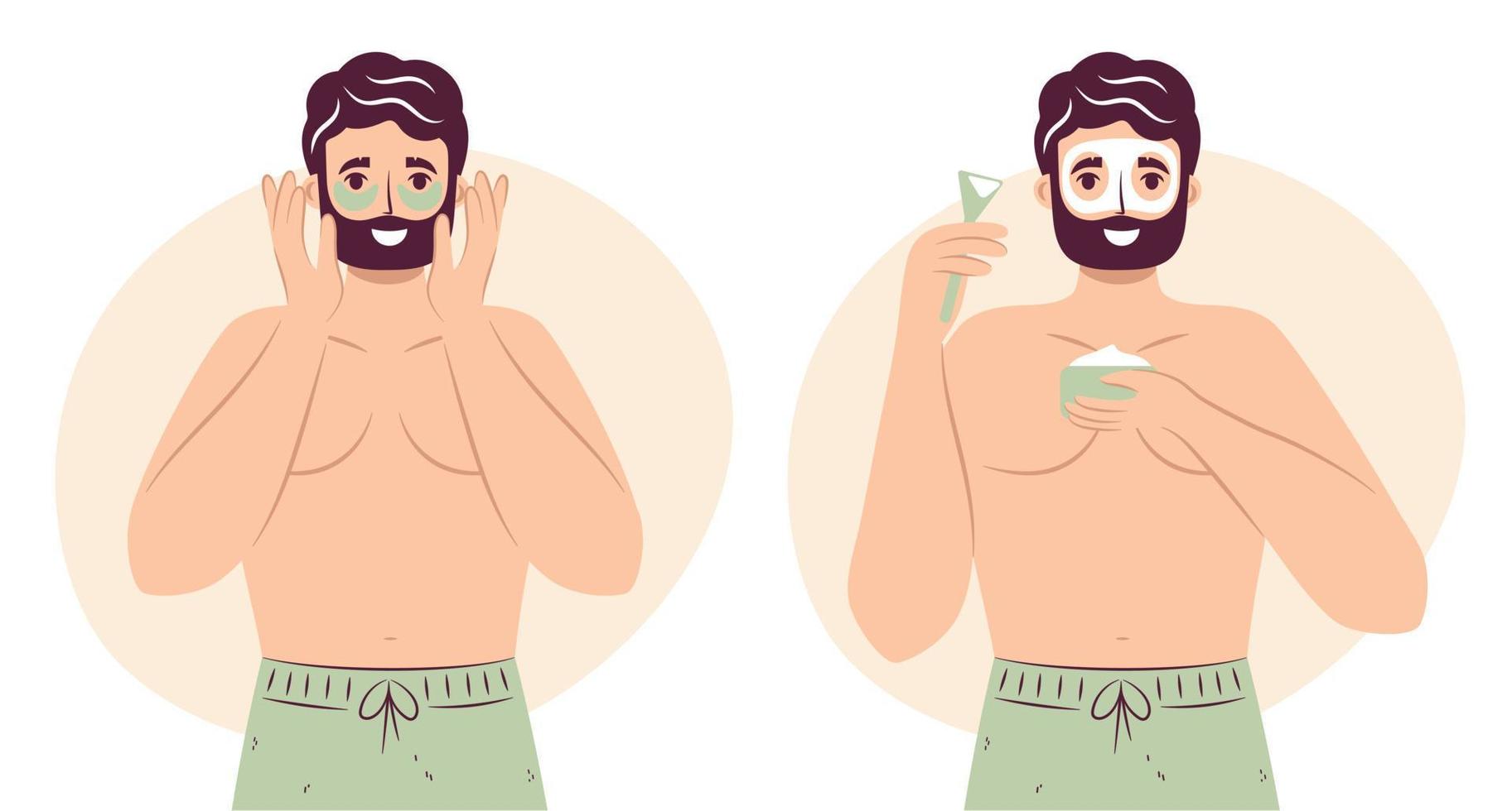 Skincare routine concept. Happy young man use apply under eye anti-wrinkle patches and use clay mask on his face, pore removal handsome bearded male enjoying skincare procedure. Men hygiene vector
