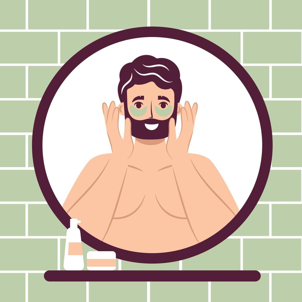 Skincare routine concept. Close up mirror reflection happy young man use apply under eye anti-wrinkle patches, handsome bearded male enjoying skincare procedure. Men hygiene vector