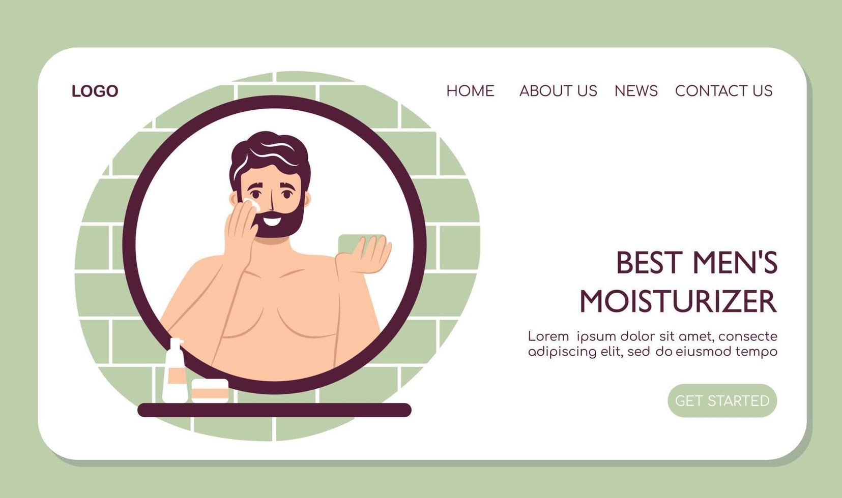 Webpage landing Skin care routine concept. Happy young man applying face moisturizing cream or lotion on cheek, handsome bearded male enjoying skincare procedure. vector