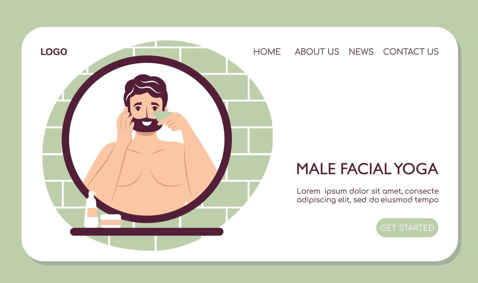 Webpage landing Skin care routine concept. Happy young man doing lymphatic face massage with jade face gua sha stone scraper, handsome bearded male enjoying skincare procedure. Men hygiene vector
