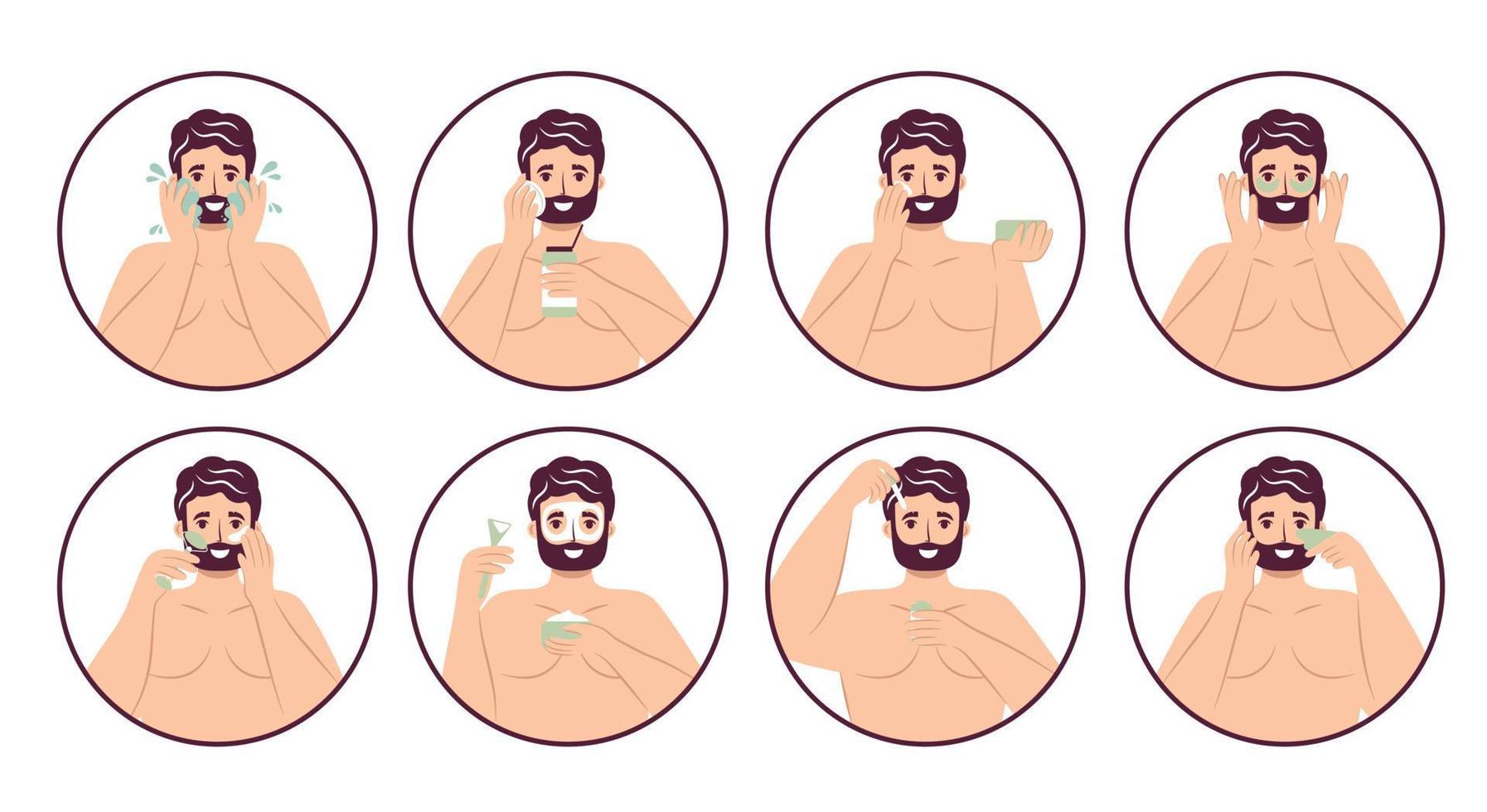 Skincare routine concept set. Happy  handsome bearded man washing, doing face cleaning hygiene, using cream, patches, face mask cosmetics doing face massage, enjoying skincare procedure. Men hygiene vector