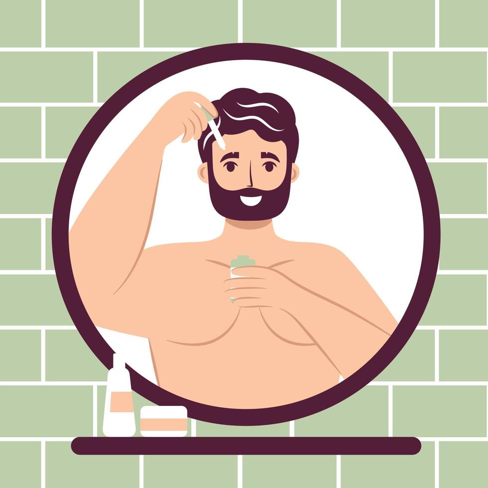 Skincare routine concept. Close up mirror reflection happy young man applying serum to his face with a dropper Serum Treatment, handsome bearded male enjoying skincare procedure. Men hygiene vector