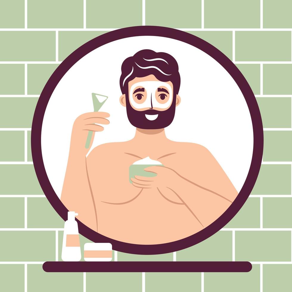 Skincare routine concept. Close up mirror reflection happy young man use clay mask on his face, pore removal, cleansing cosmetic product, handsome bearded male enjoying skincare procedure. Men hygiene vector