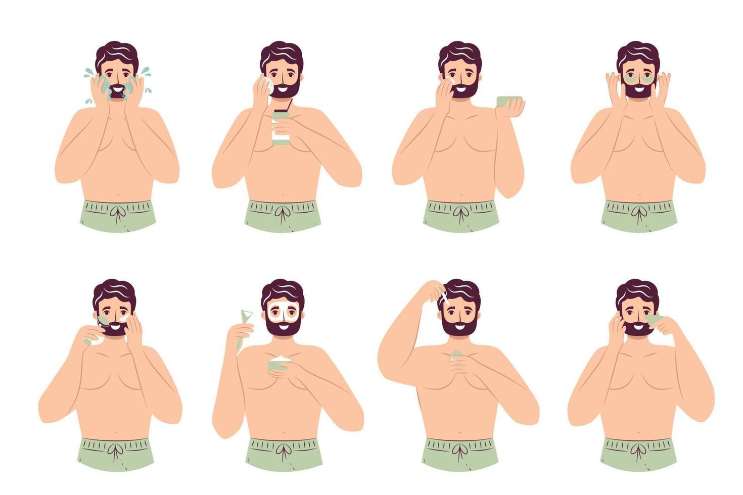 Skincare routine concept set. Happy  handsome bearded man washing, doing face cleaning hygiene, using cream, patches, face mask cosmetics doing face massage, enjoying skincare procedure. Men hygiene vector