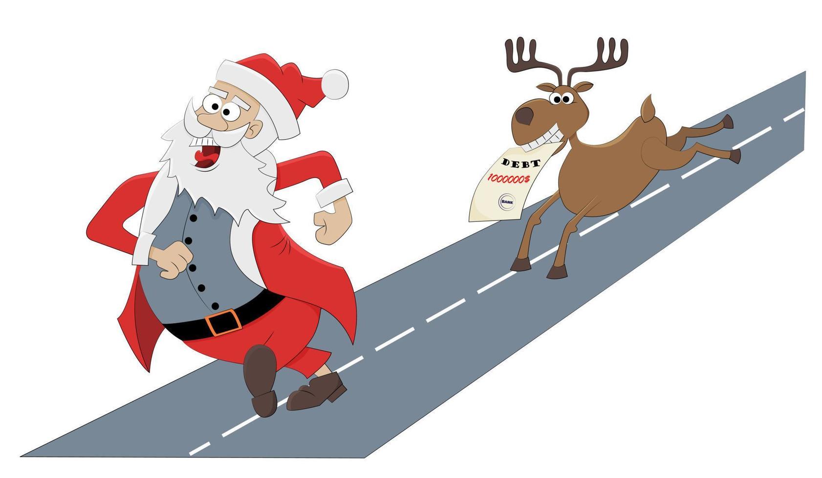 Jolly Christmas Santa running away from a reindeer. Humorous concept of financial debt or crisis. The running Father Christmas. vector