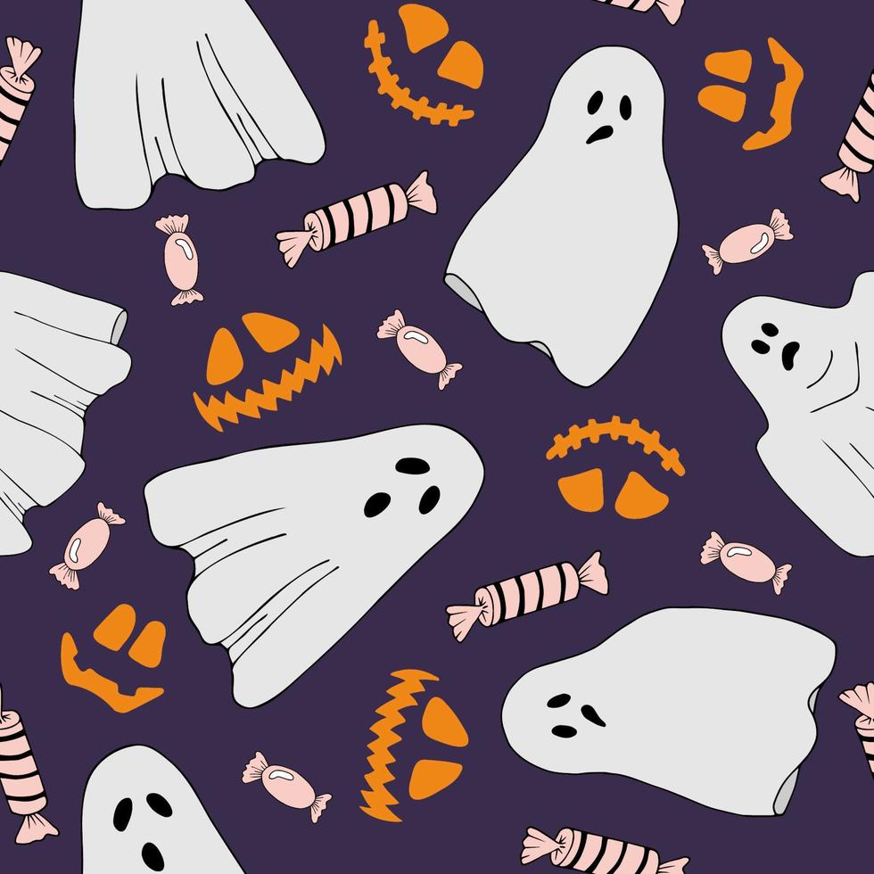 patrón sin costuras de dibujos animados vectoriales de halloween. fantasmas, jack-o-lantern. fondo morado fondo para papel tapiz, envoltura, embalaje y telón de fondo. vector