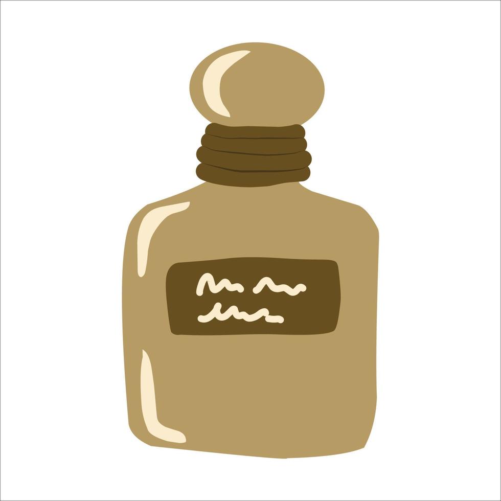 una botella de perfume de color dorado con una etiqueta. ilustración dibujada a mano. ilustración vectorial en un estilo plano vector