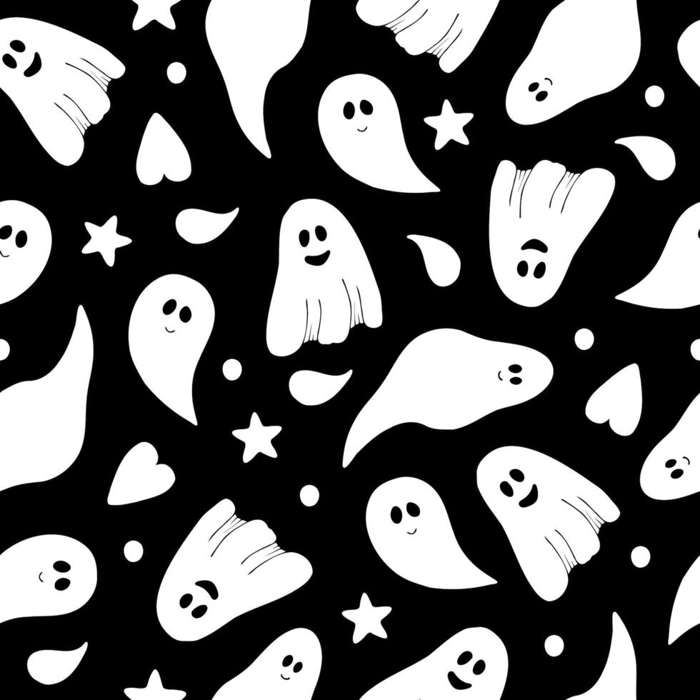 patrón sin costuras de dibujos animados vectoriales de halloween. lindos fantasmas sobre un fondo negro. fondo para papel tapiz, embalaje, papel digital, scrapbooking, embalaje y fondo. vector