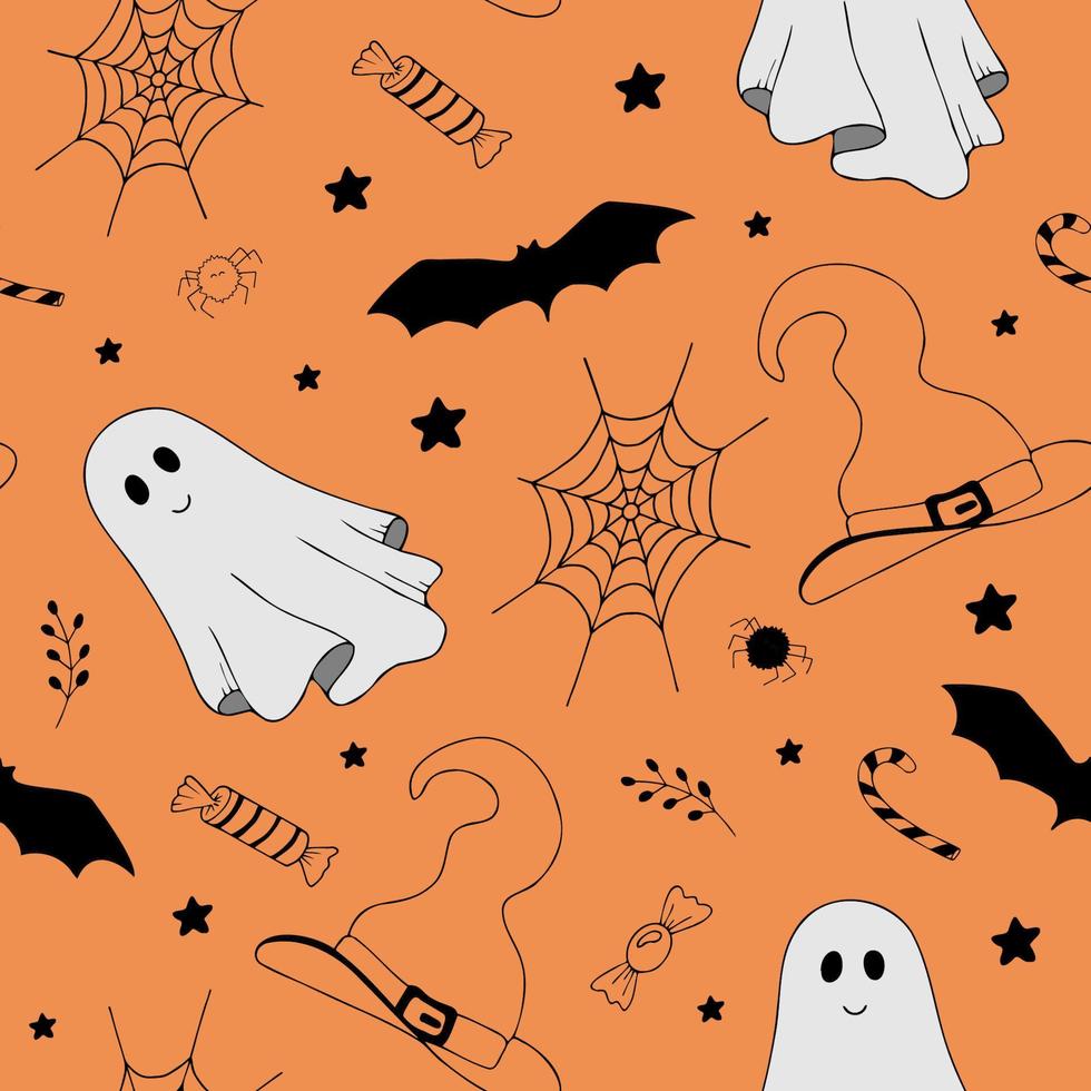 patrón sin costuras de dibujos animados vectoriales de halloween. fondo para papel tapiz, envoltura, embalaje y telón de fondo. vector