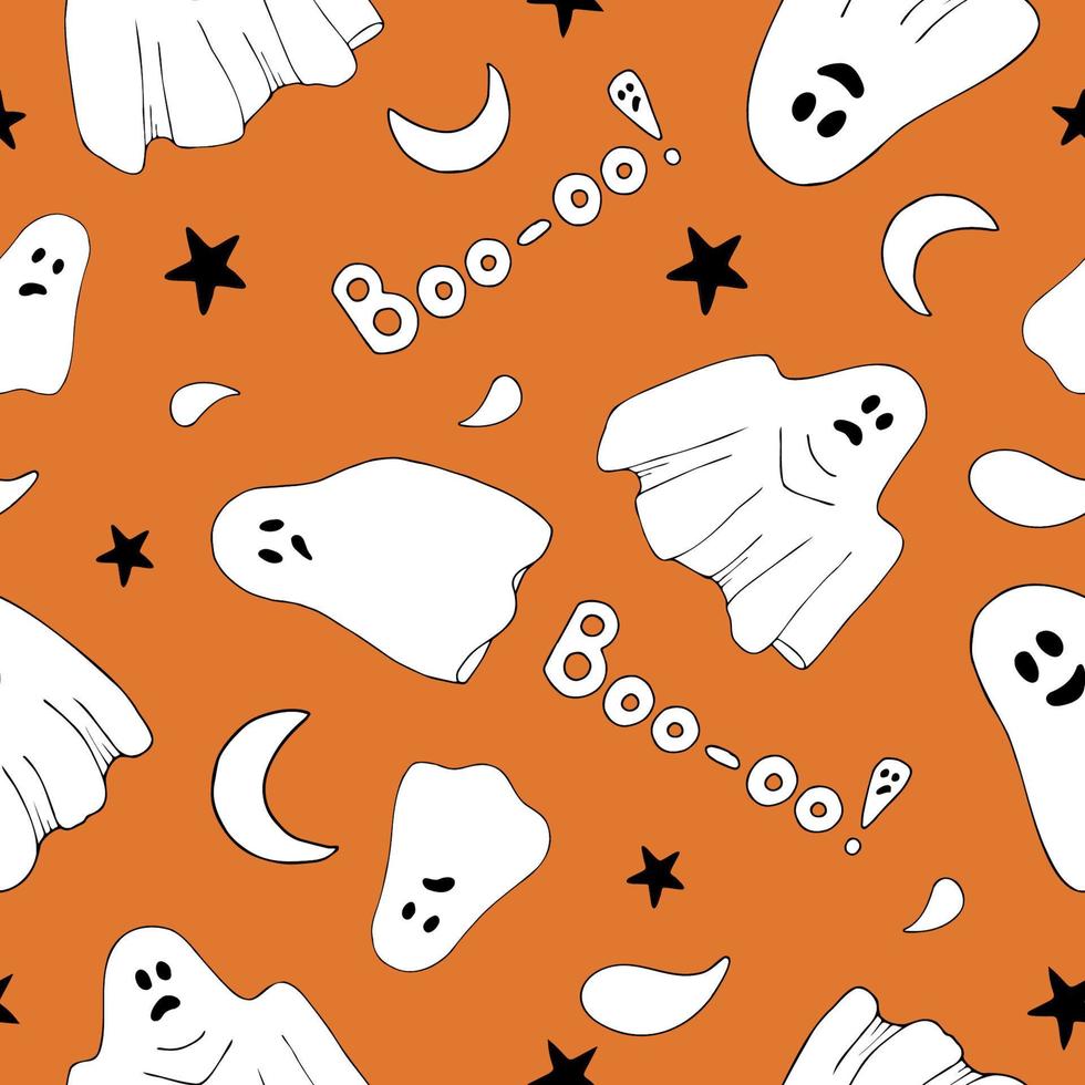 Halloween vector cartoon seamless pattern. seamless pattern with ghosts. Orange Halloween background for wallpaper, packaging, packaging and background.