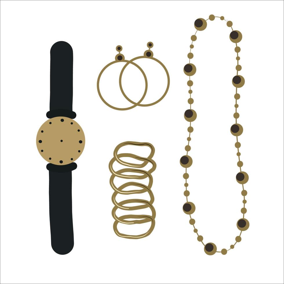 Fashion accessories jewelry set. Elegant jewelry with metal elements. Stylish earrings, necklace, bracelet, wristwatch on a black strap vector