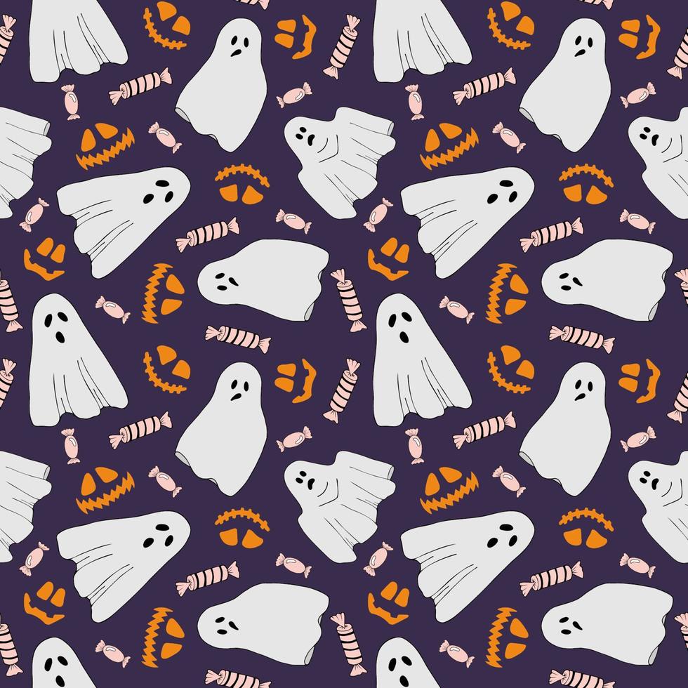Halloween vector cartoon seamless pattern. Ghosts, Jack-o-lantern. Purple background. Background for wallpaper, wrapping, packing, and backdrop.