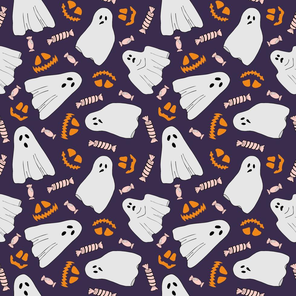 patrón sin costuras de dibujos animados vectoriales de halloween. fantasmas, jack-o-lantern. fondo morado fondo para papel tapiz, envoltura, embalaje y telón de fondo. vector