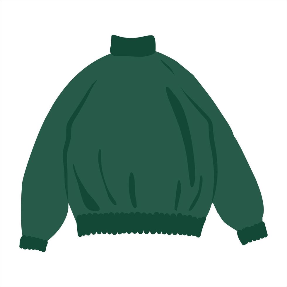Cute green knitted sweater, winter warm clothes. Stylish pullover, an item of clothing. Hand-drawn vector illustration isolated on a white background.