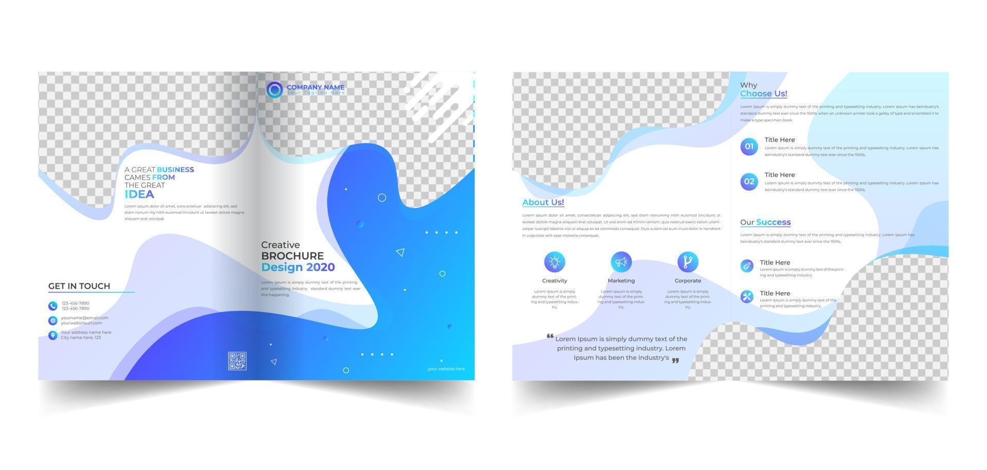 Business bi fold brochure design. With blue gradient shapes, front page design layout template with bleed size vector template