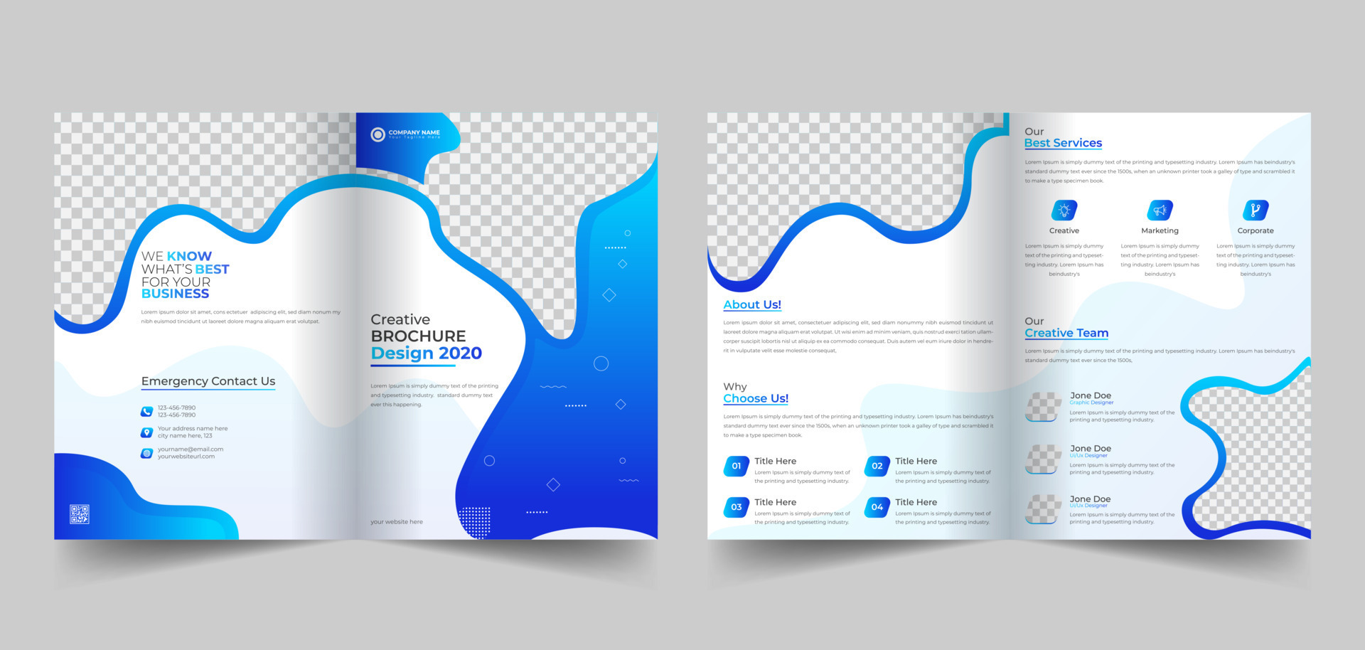 Geometric elements style business bi fold brochure design. With blue