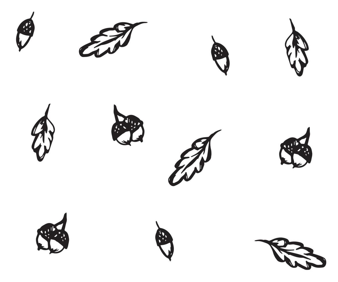 black and white grunge doodle pattern of acorns and oak leaves vector