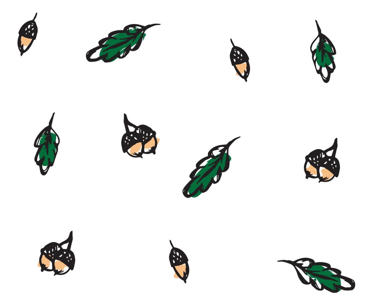 grunge doodle pattern of acorns and oak leaves vector