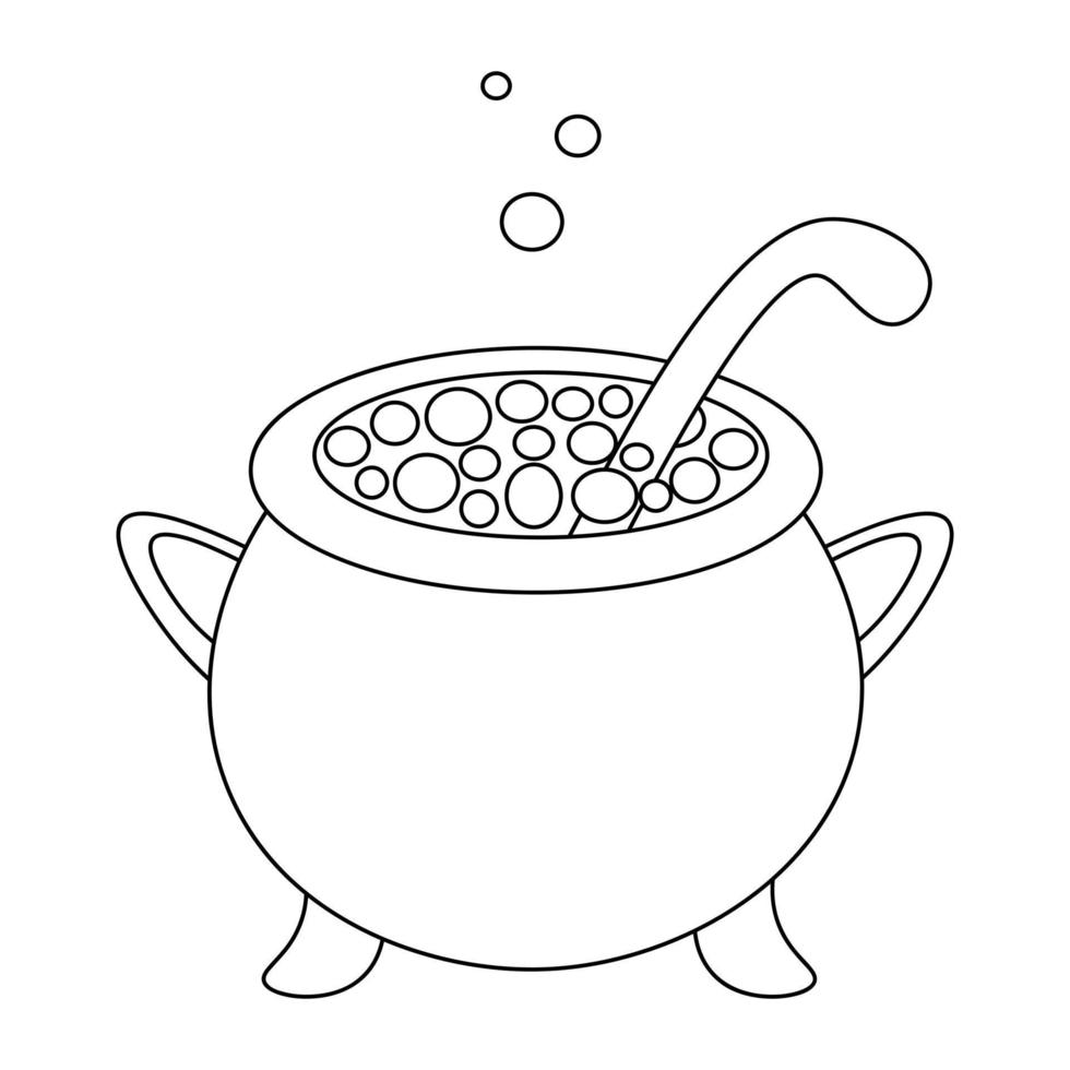 Cauldron of bubbling potion Sketch Witch brew in a metal pot Halloween symbol The bubbles are flying up Vector illustration Outline on an isolated white background Doodle style  Coloring book