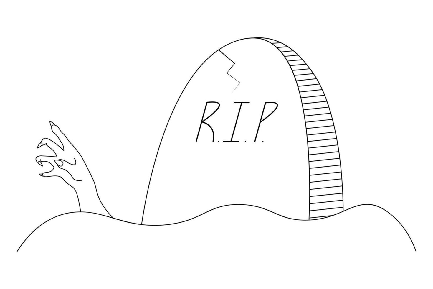 The dead man's hand reaches out from under the gravestone. Inscription - Rest in Peace. Gnarled fingers with sharp nails. Sketch. Vector illustration. Outline on an isolated white background.