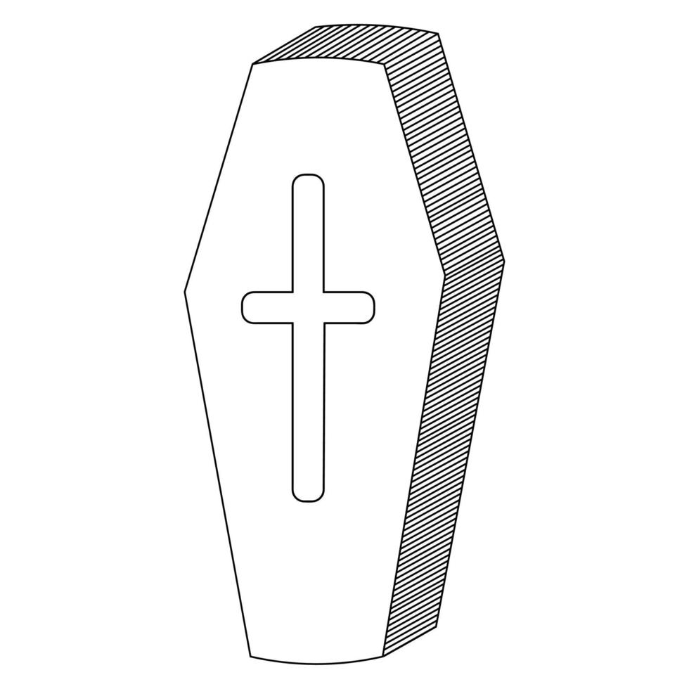 Coffin. Vampire sarcophagus. Sketch. Cross-shaped emblem on the lid. Halloween symbol. Decoration for All Saints Day. Gloomy box. Vector illustration. Doodle style.
