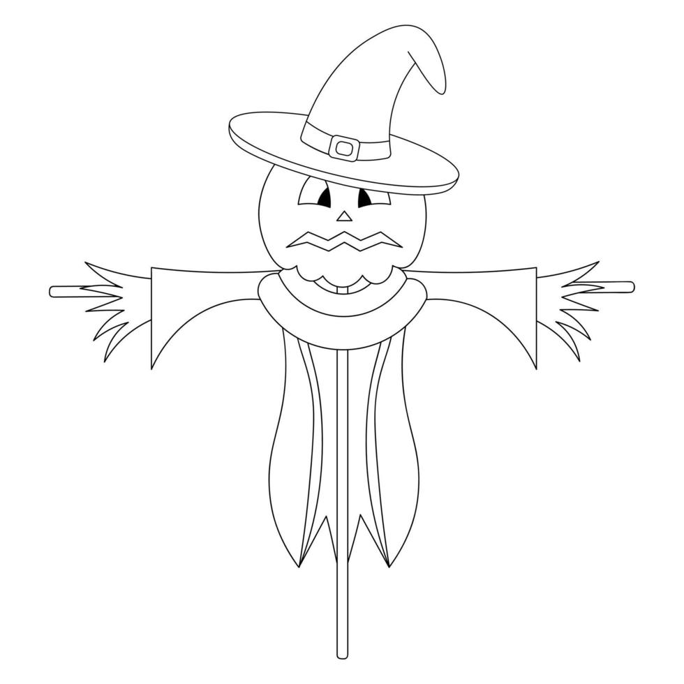 espantapájaros. bosquejo. asustar a los pájaros. calabaza en la cabeza. expresión facial asustada. un espantapájaros en harapos, un sombrero y un collar. ilustración vectorial estilo garabato. vector