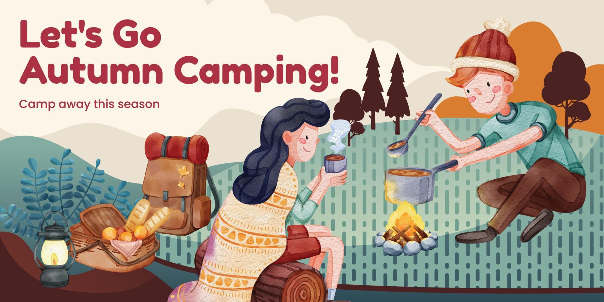 Autumn camping picnic blog header tempalte watercolor stylr vector