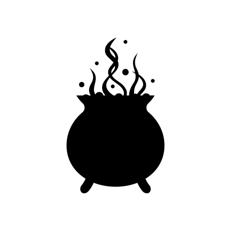 Boiling cauldron with magic potion silhouette. Strong magic spells boiled in black pot. Sinister tentacles and bubbles rise from witch vector utensils