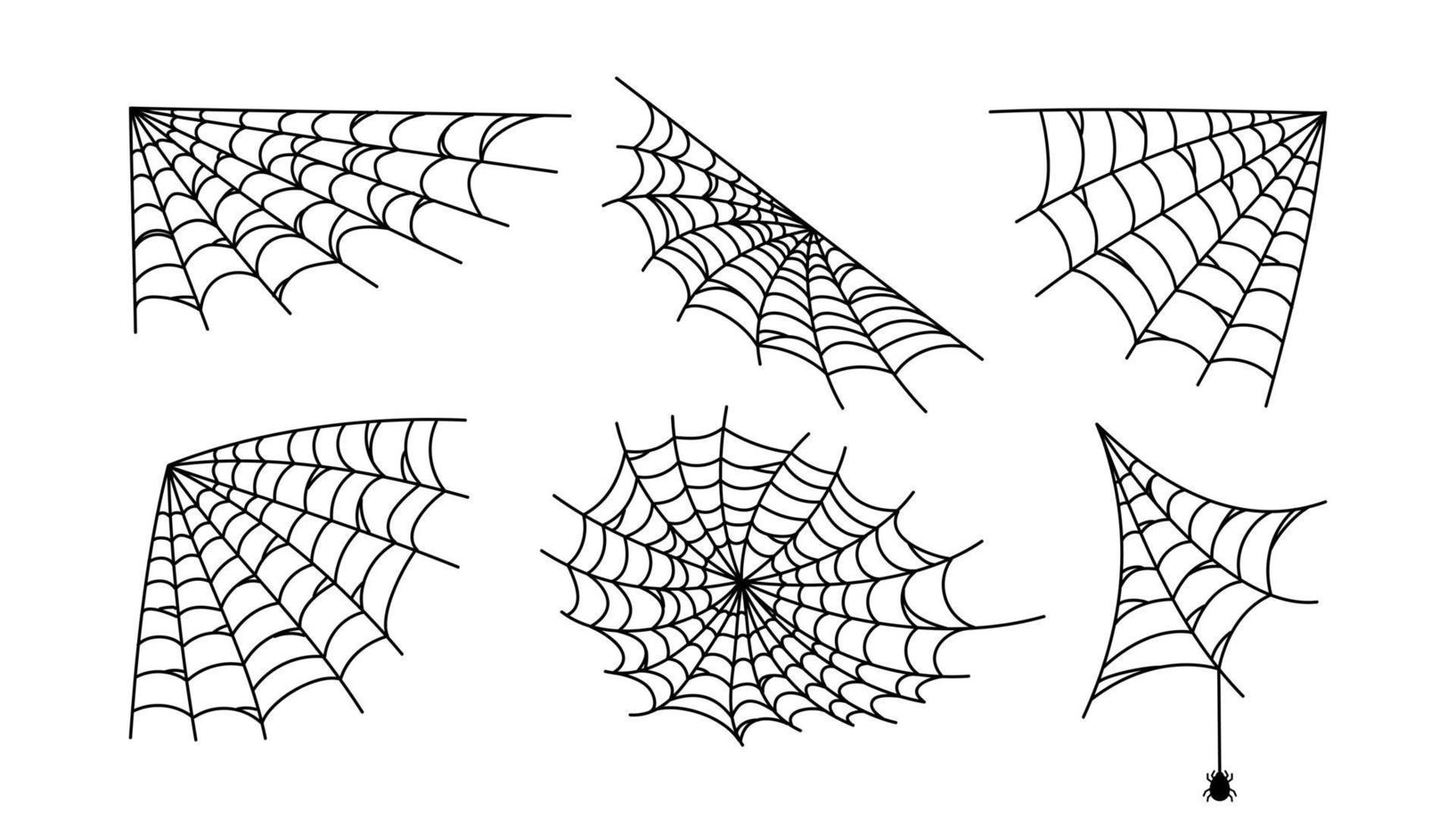 Black web hand drawn set. Spider mesh patterns with halloween party ornament. Sticky trap of intertwining dangerous vector lines