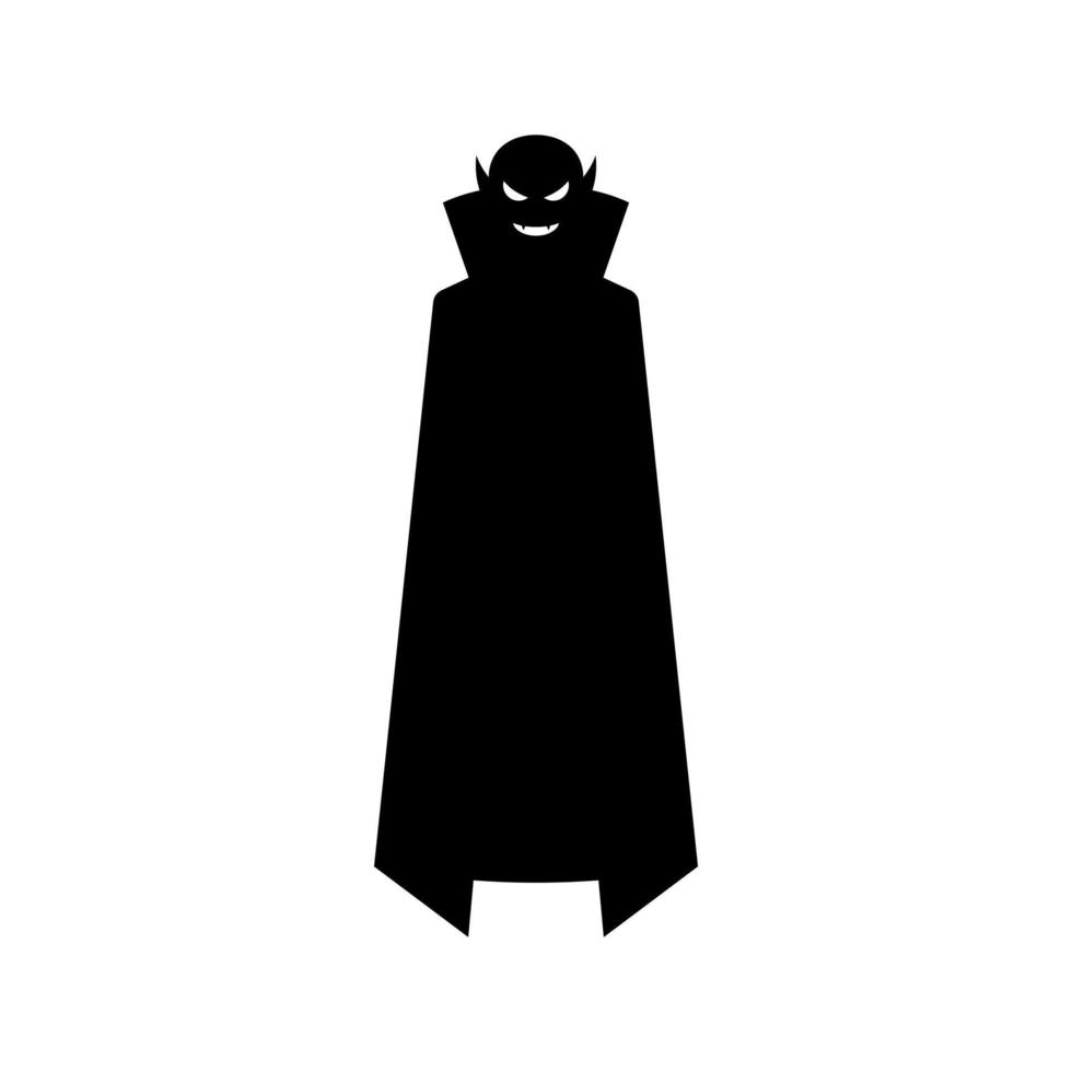 Sinister vampire in long cloak silhouette. Creepy black monster with fangs smiles while hanging in air. Descendant of powerful dracula who went hunting for vector people