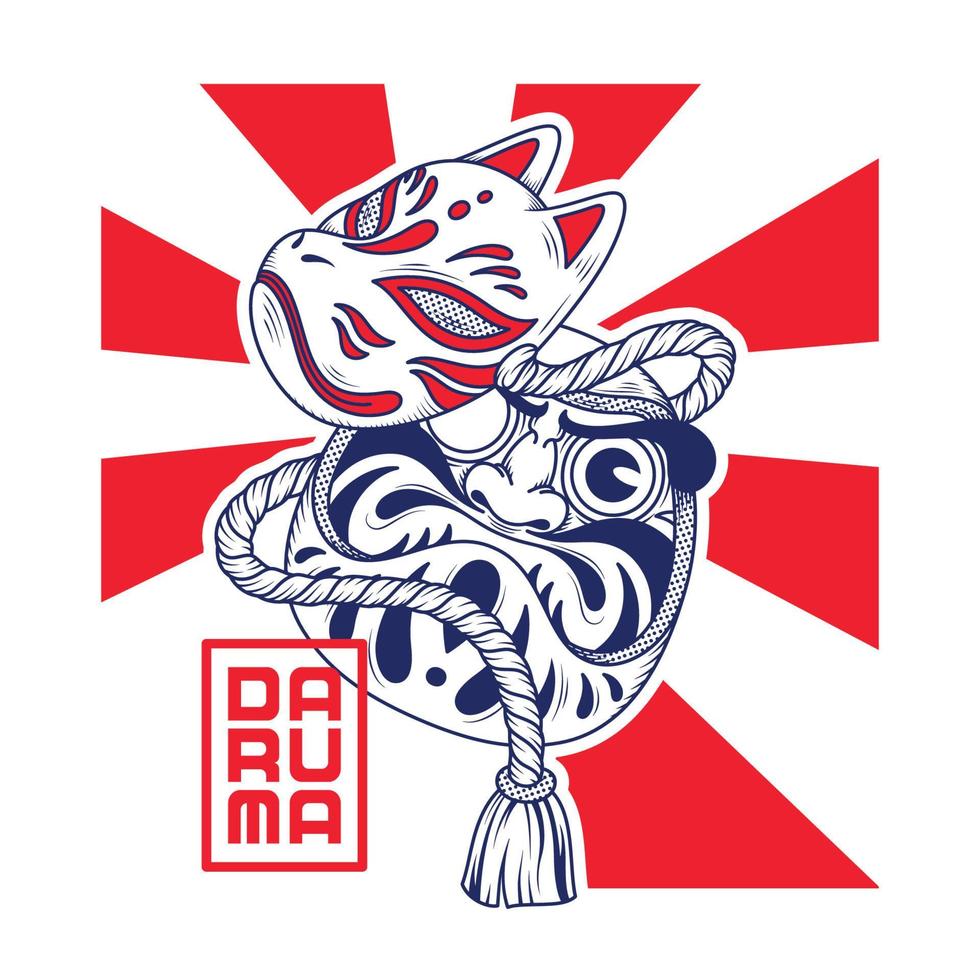 muñeca daruma de estilo de ilustración japonesa con máscara kitsune vector