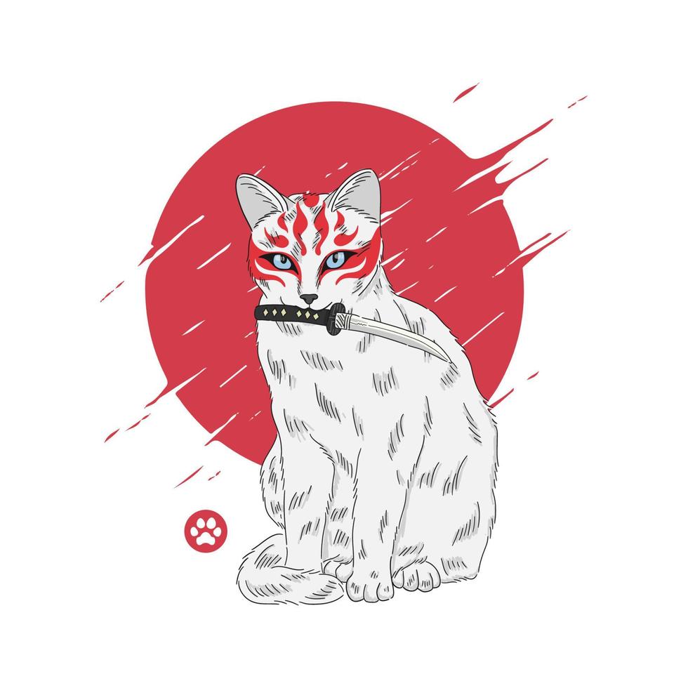 cat with kitsune mask Japan illustration vector