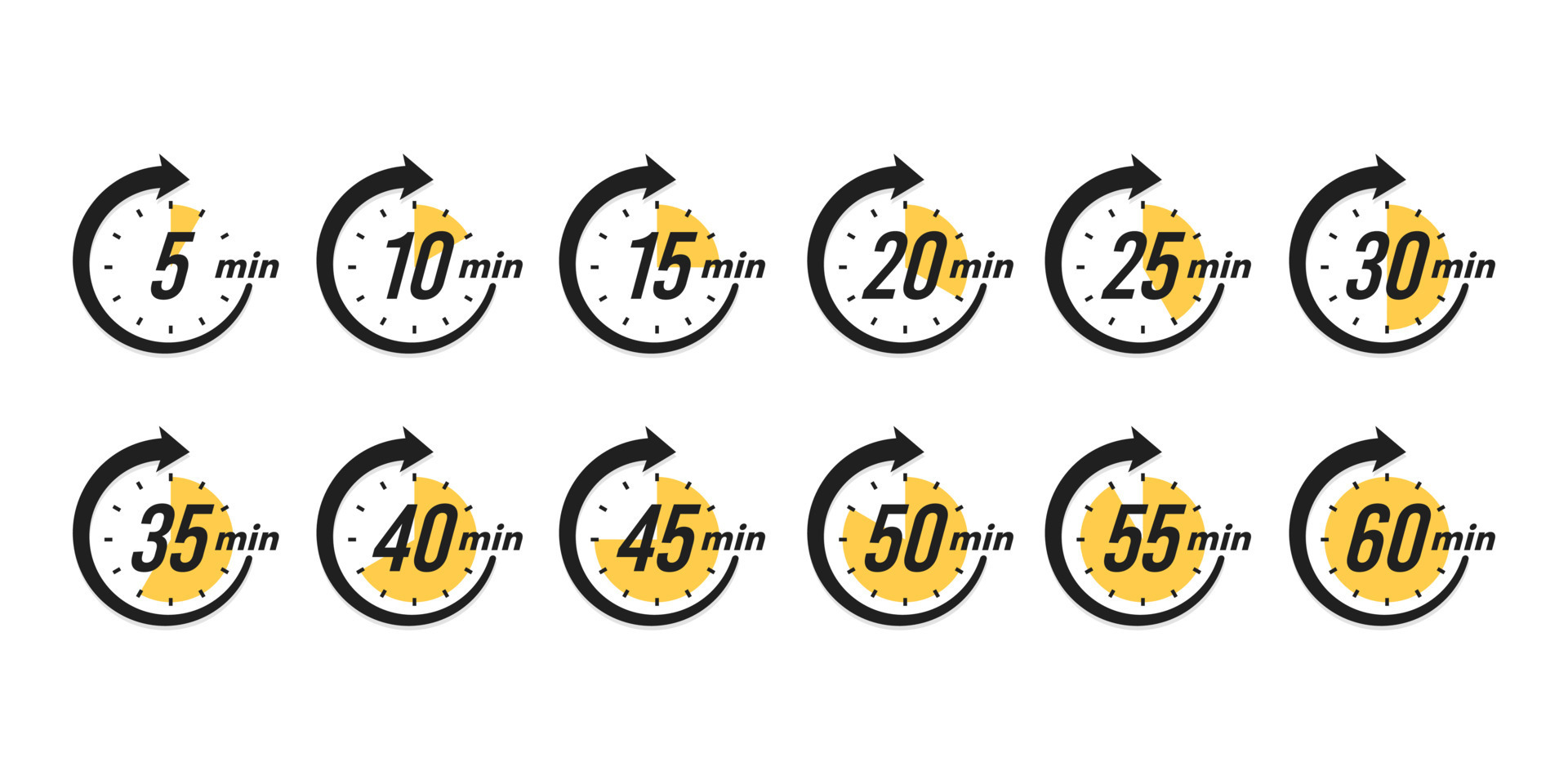Set of stopwatches. The stopwatch is counting down to minutes. arrow, yellow 11514527 Vector Art
