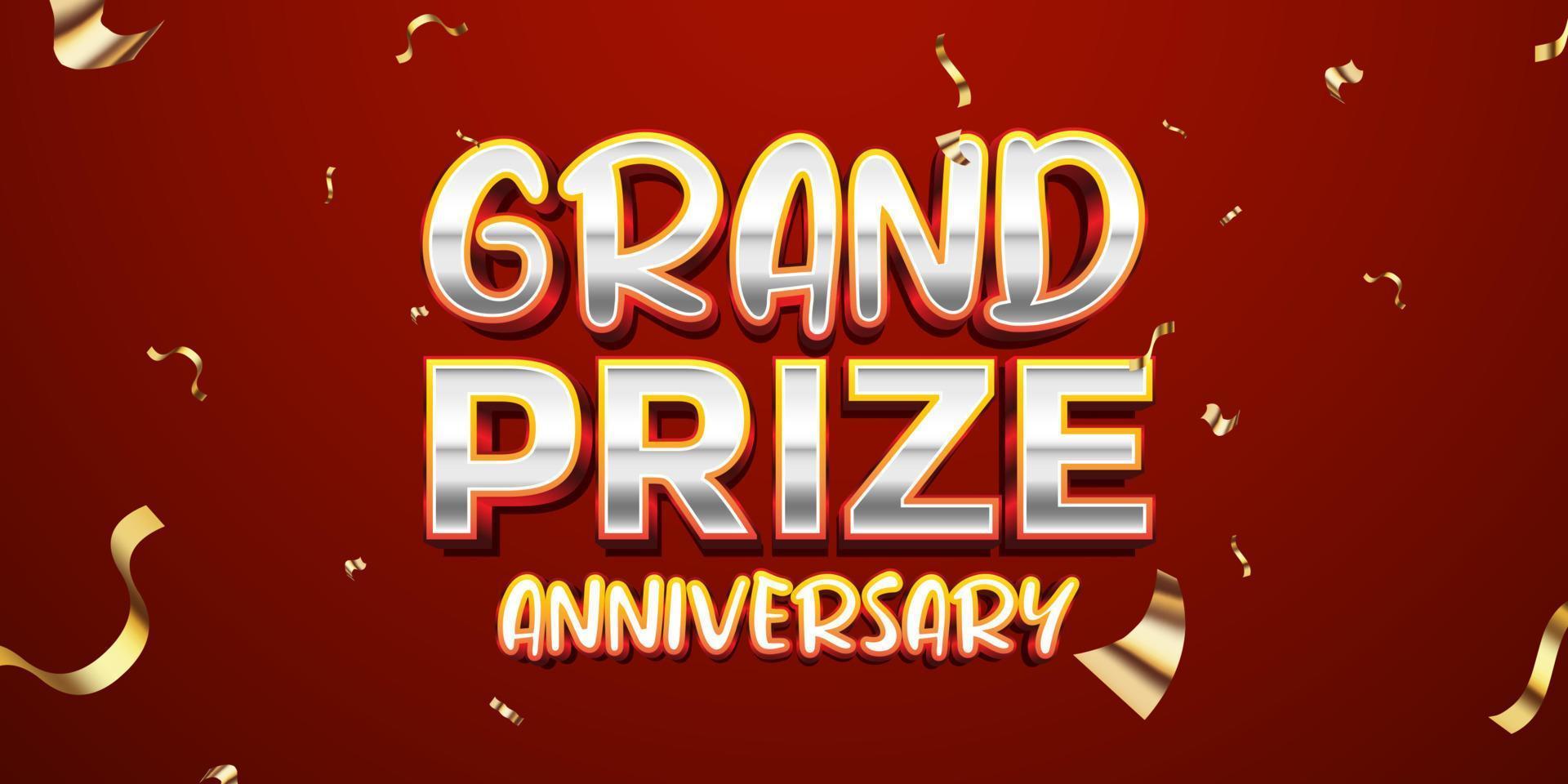 Grand Prize anniversary gold and silver text effect with red background and confetti vector